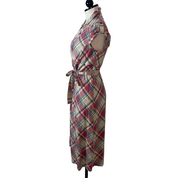 J Peterman Vintage Midi Dress Size 6 Pink Blue Cream Plaid Cotton Matching Belt - Picture 2 of 15
